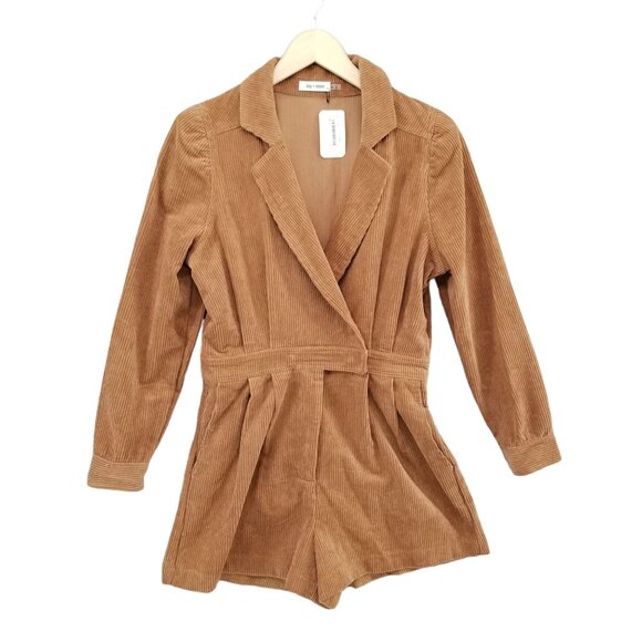 Day + Moon Pants - Day + Moon Poppy Corduroy Romper Womens Brown Long Sleeve Collared Size M